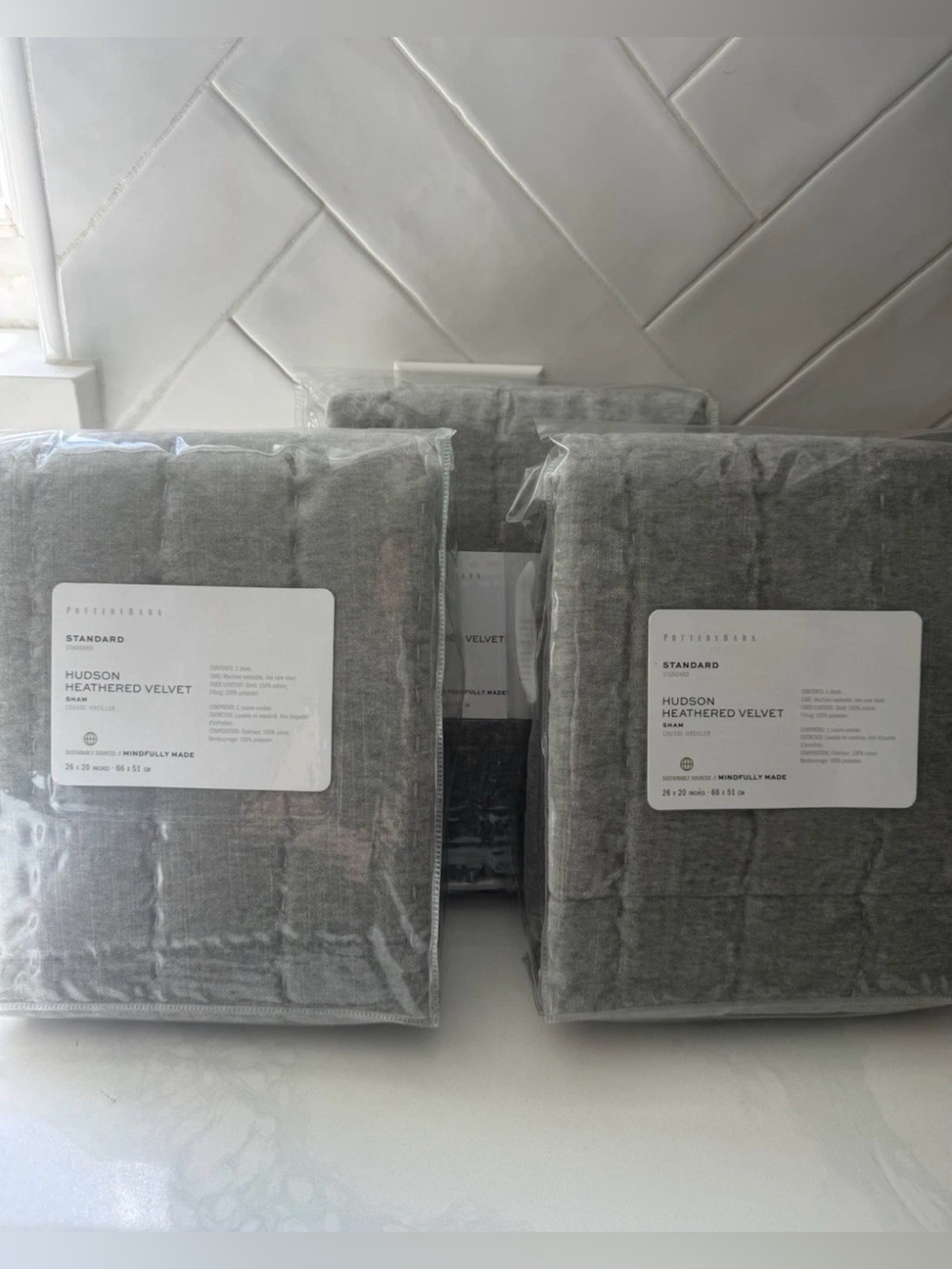 (3) New Pottery Barn Standard Pillow Shams Hudson Heathered Velvet Gray Grey